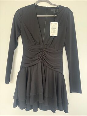 Zara Black Draped Waist Playsuit Long-Sleeve V-Neck Ruched Waist Tiered Dress